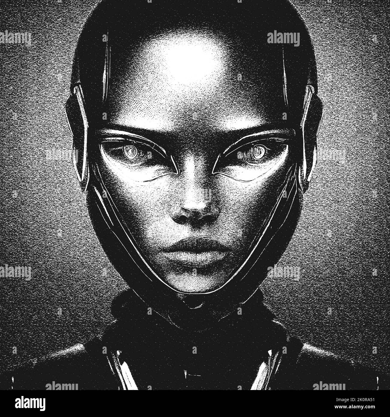 Das futuristische Porträt des Mädchens eines Außerirdischen. Rote und goldene Details. Künstliche Intelligenz. Abbildung. Stock Vektor