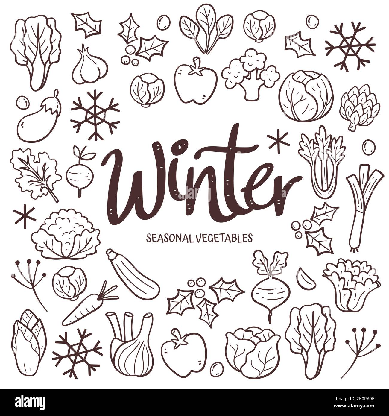 Saisonales Gemüse im Hintergrund. Handgezeichnetes Wintergemüse Komposition aus Doodle Vektor-Icons, isoliert auf weißem Hintergrund. Stock Vektor