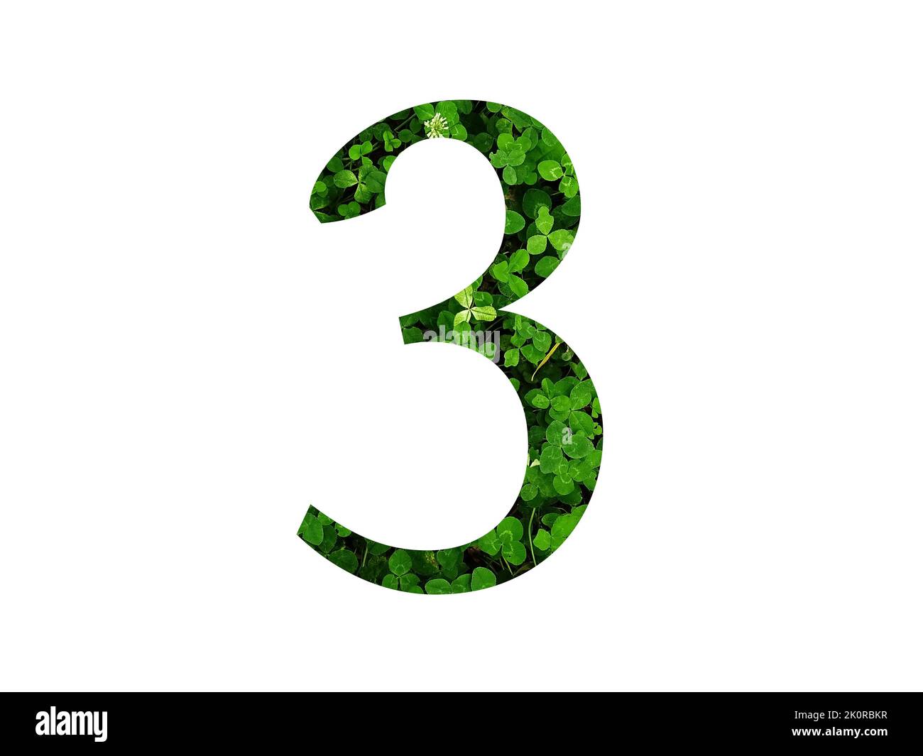 Nummer 3 des Alphabets mit grünem Blatt eines Kleeblattes. Hergestellt mit der Farbe Grün Stockfoto