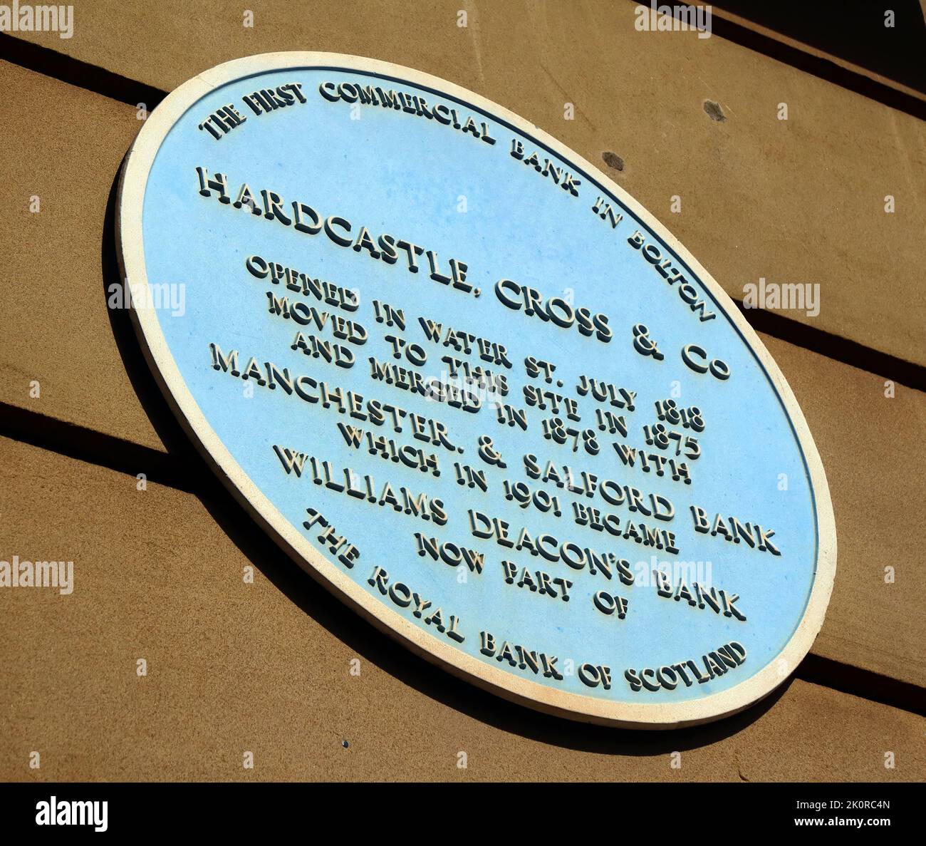 Blue Plaque, Hardcastle Cross & Co, erste Geschäftsbank in Bolton, Water Street, Greater Manchester, England, Großbritannien, BL1 1TR Stockfoto