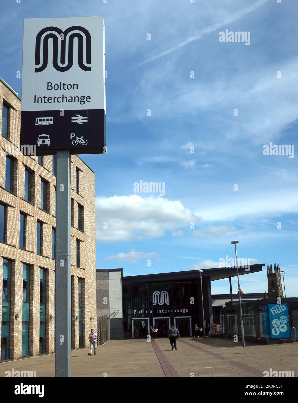 Bolton Interchange Schild, Busse, Züge, Fahrrad, Newport St, Bolton, Greater Manchester, England, Großbritannien, BL1 1PF Stockfoto