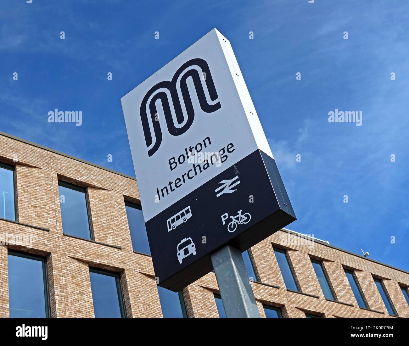 Bolton Interchange Schild, Busse, Züge, Fahrrad, Newport St, Bolton, Greater Manchester, England, Großbritannien, BL1 1PF Stockfoto