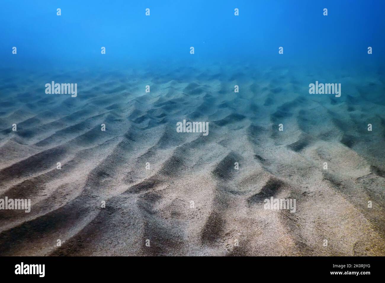 Sandiger Meeresgrund, Meeresunterwasser Hintergrund Stockfoto