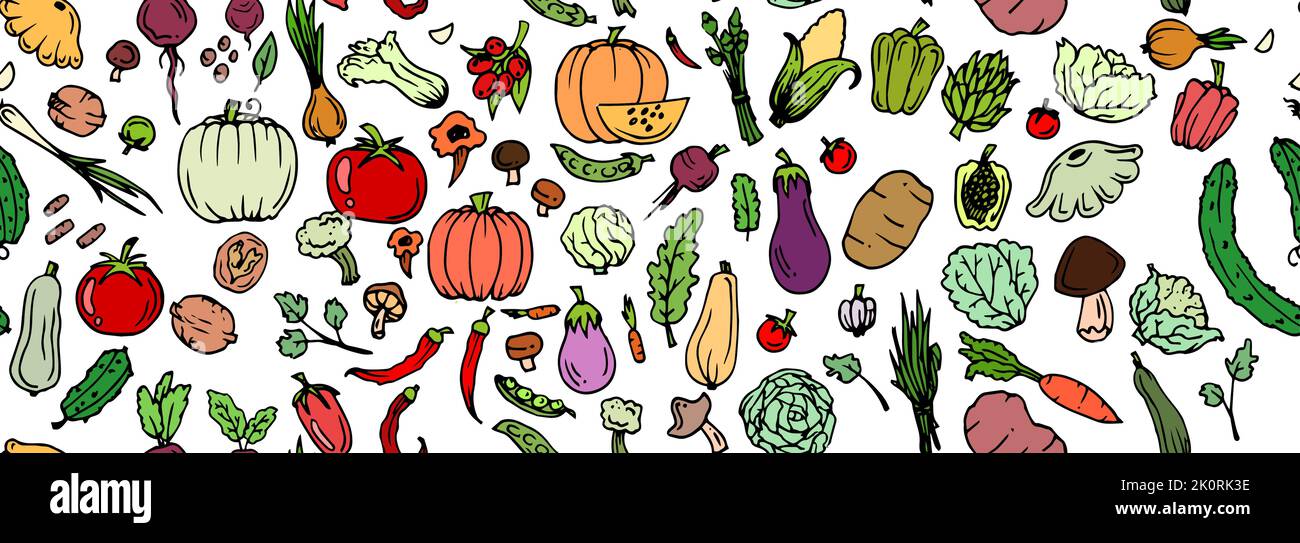 Leckeres Gemüse. Gartenfrüchte. Essbare Lebensmittelpflanzen. Handgezeichnete Umrisse. Isoliert auf weißem Hintergrund. Nahtloses Muster. Vektor Stock Vektor