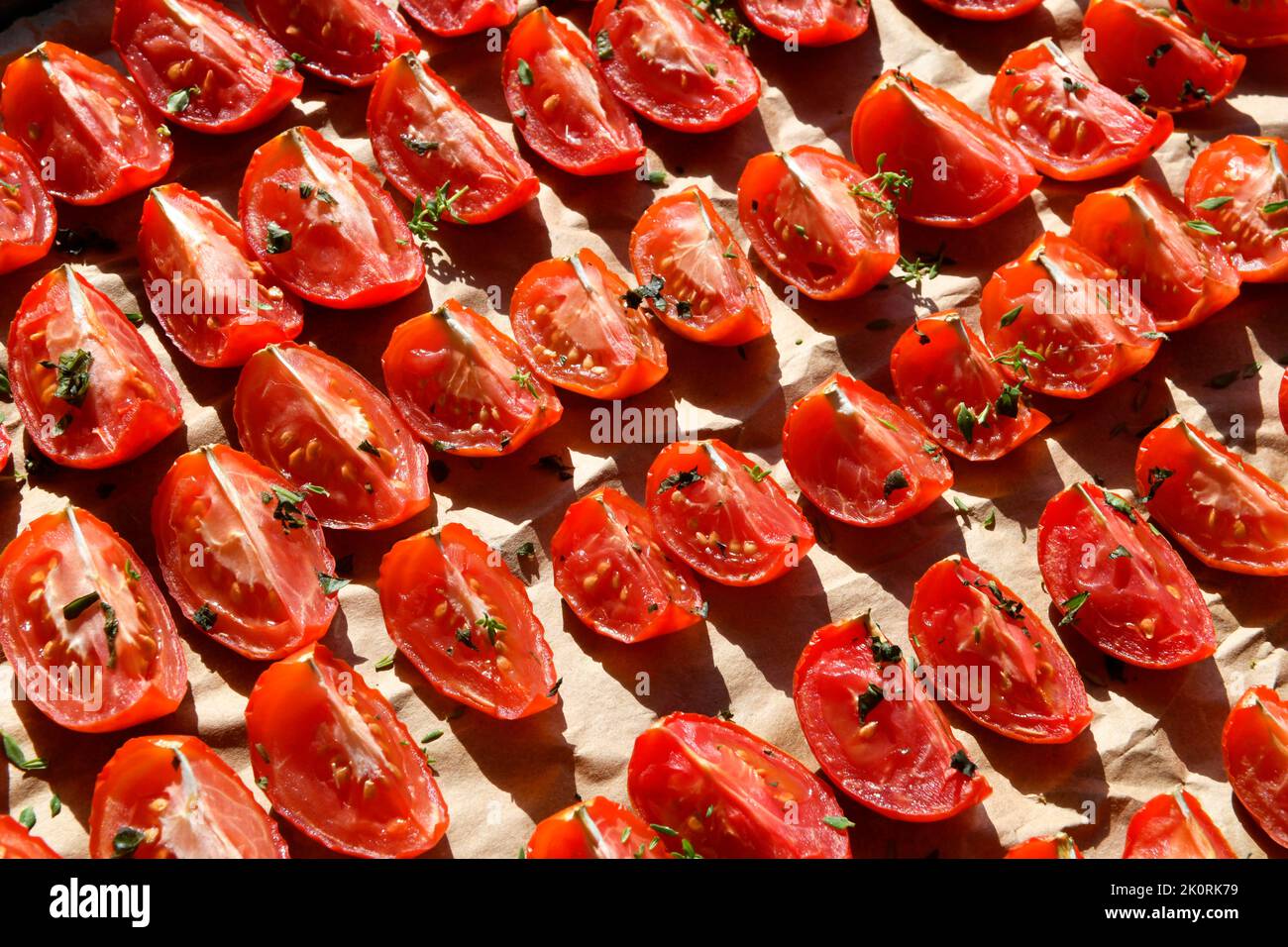 Sonnengetrocknete Tomaten auf Papier Stockfoto