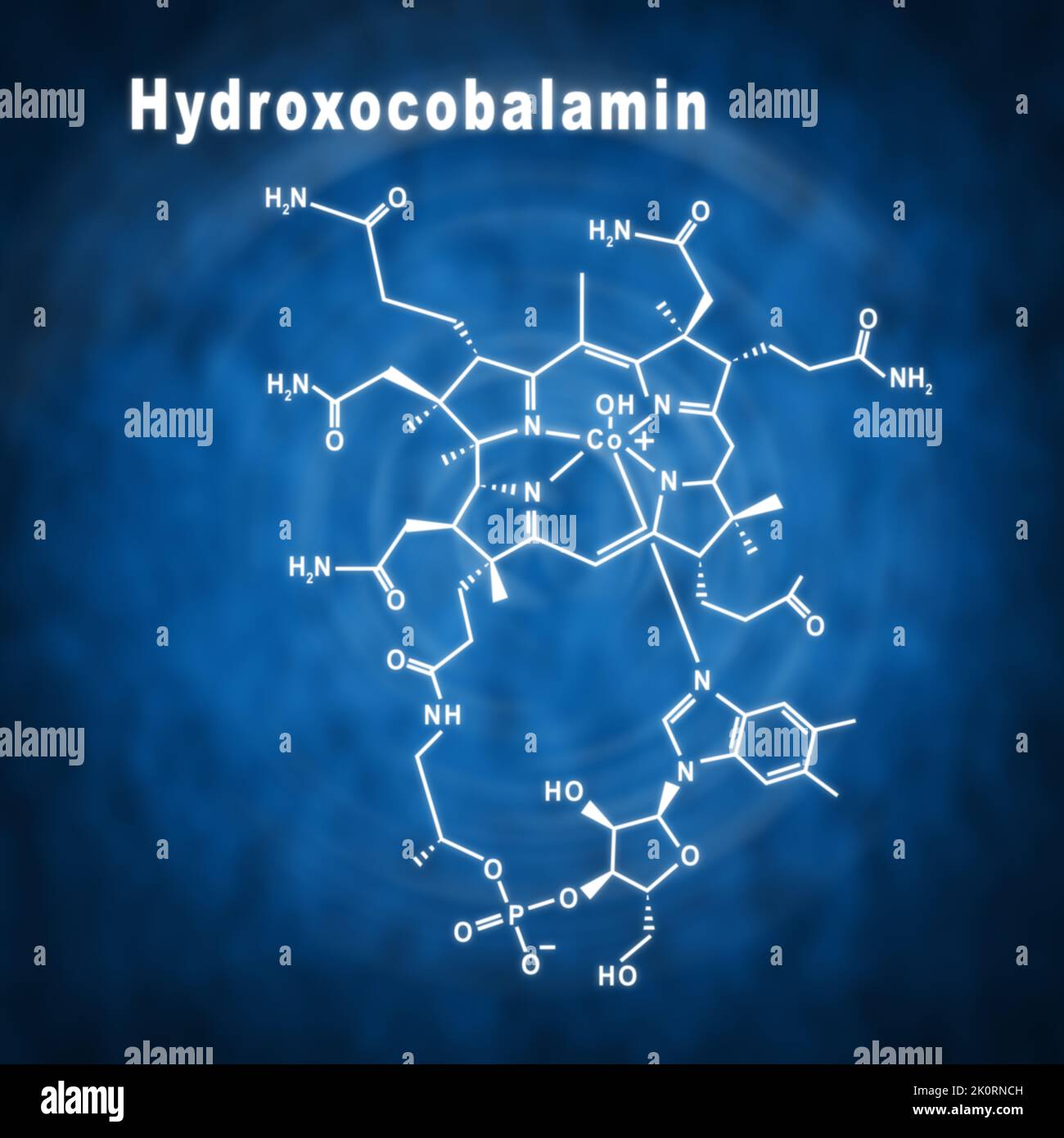 Hydroxocobalamin Vitamin B12, strukturelle chemische Formel auf blauem Hintergrund Stockfoto