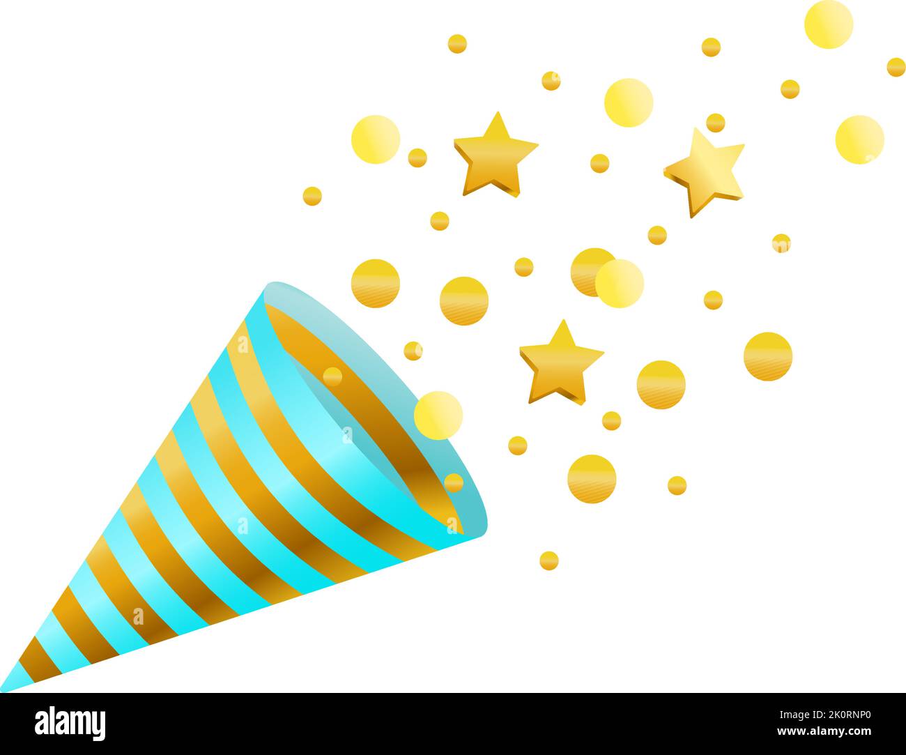 Konfetti, Feuerwerkskörper, Karneval und Papier. Blaue, goldene Farben. Vektorgrafik auf weißem Hintergrund. Cartoon-Stil. Stock Vektor