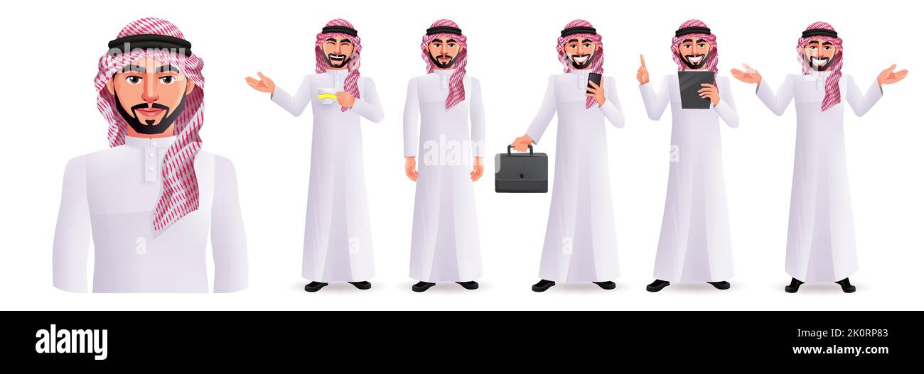 Arabischer Mann Vektor Zeichensatz Design. Saudi-arabische männliche Grafikkollektion in glücklichem und ernsthaftendem Gesichtsausdruck für Geschäfte im Nahen Osten. Stock Vektor