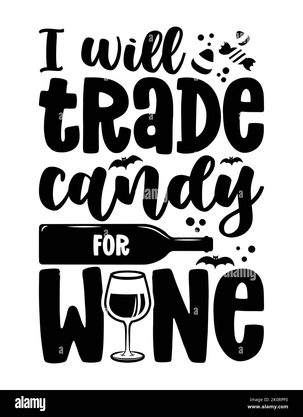 Ich werde Süßigkeiten gegen Wein tauschen - Ausdruck für Halloween Prost. Handgezeichneter Schriftzug für Halloween Grußkarte, Einladung. Gut für T-Shirt, Becher, Geschenk, Stock Vektor