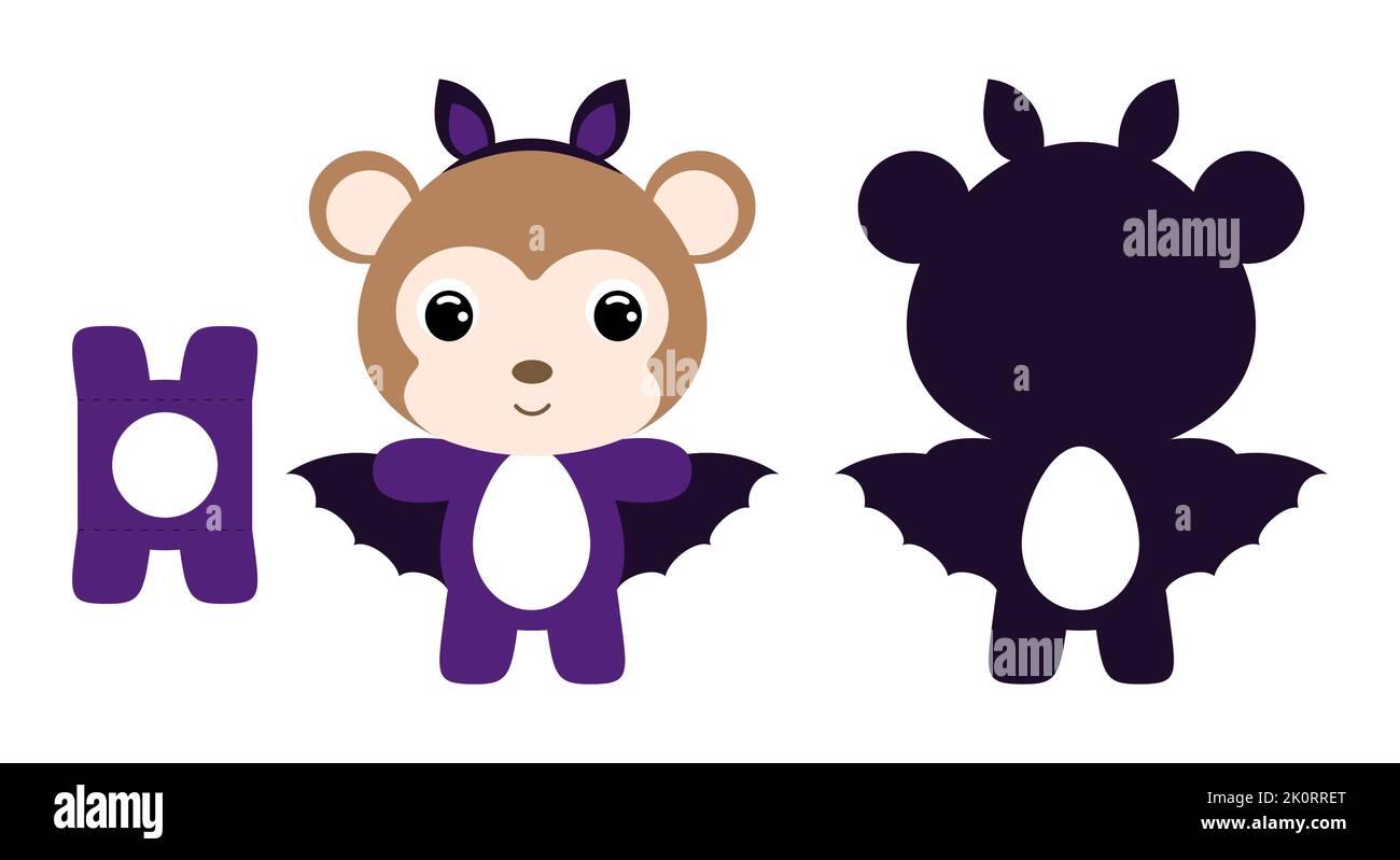 Niedliche gestanzte Halloween Affen Schokolade Ei Halter Vorlage. Cartoon Tierfigur in einem Fledermaus Kostüm. Einzelhandel Papierbox für das osterei. Druckbar Stock Vektor
