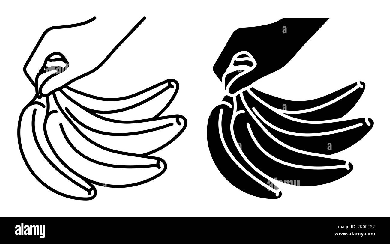 Lineare Symbol, weibliche Hand nimmt Bund von süßen reifen Bananen. Ernte tropischer Früchte. Einfacher Schwarz-Weiß-Vektor auf weißem Hintergrund isoliert Stock Vektor