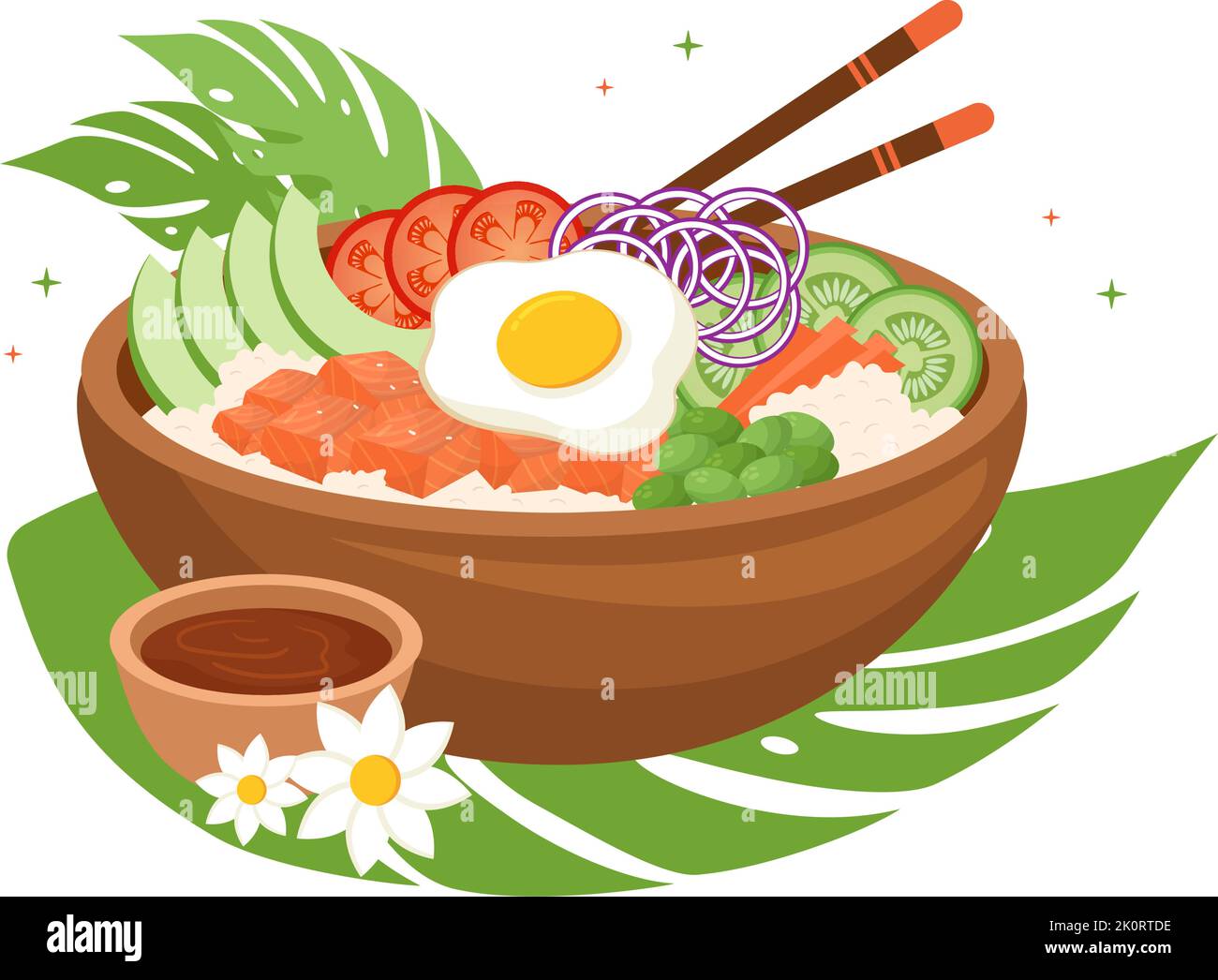 Hawaiianische Teller Poke Bowl Food Template handgezeichnete Cartoon flache Illustration mit Reis, Thunfisch, frischem Fisch, Ei und Gemüse Design Stock Vektor