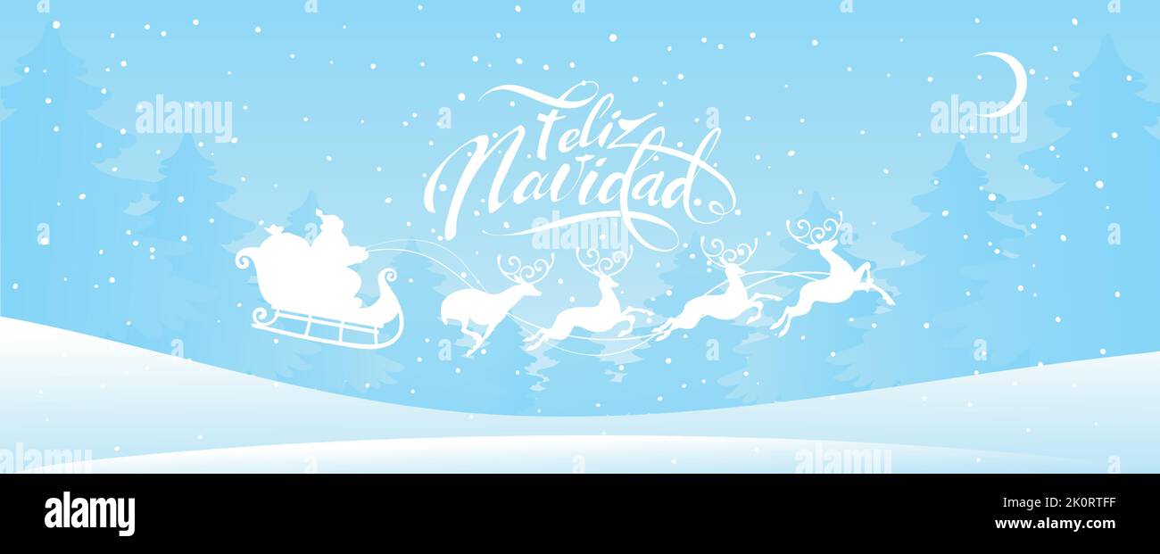 Feliz navidad. Fröhliches weihnachtsbanner auf spanisch. Weißer Handschriftzug und Silhouette des Schlittens von Papa Noel mit Hirsch auf blauem Hintergrund eines verschneiten Schnees Stock Vektor