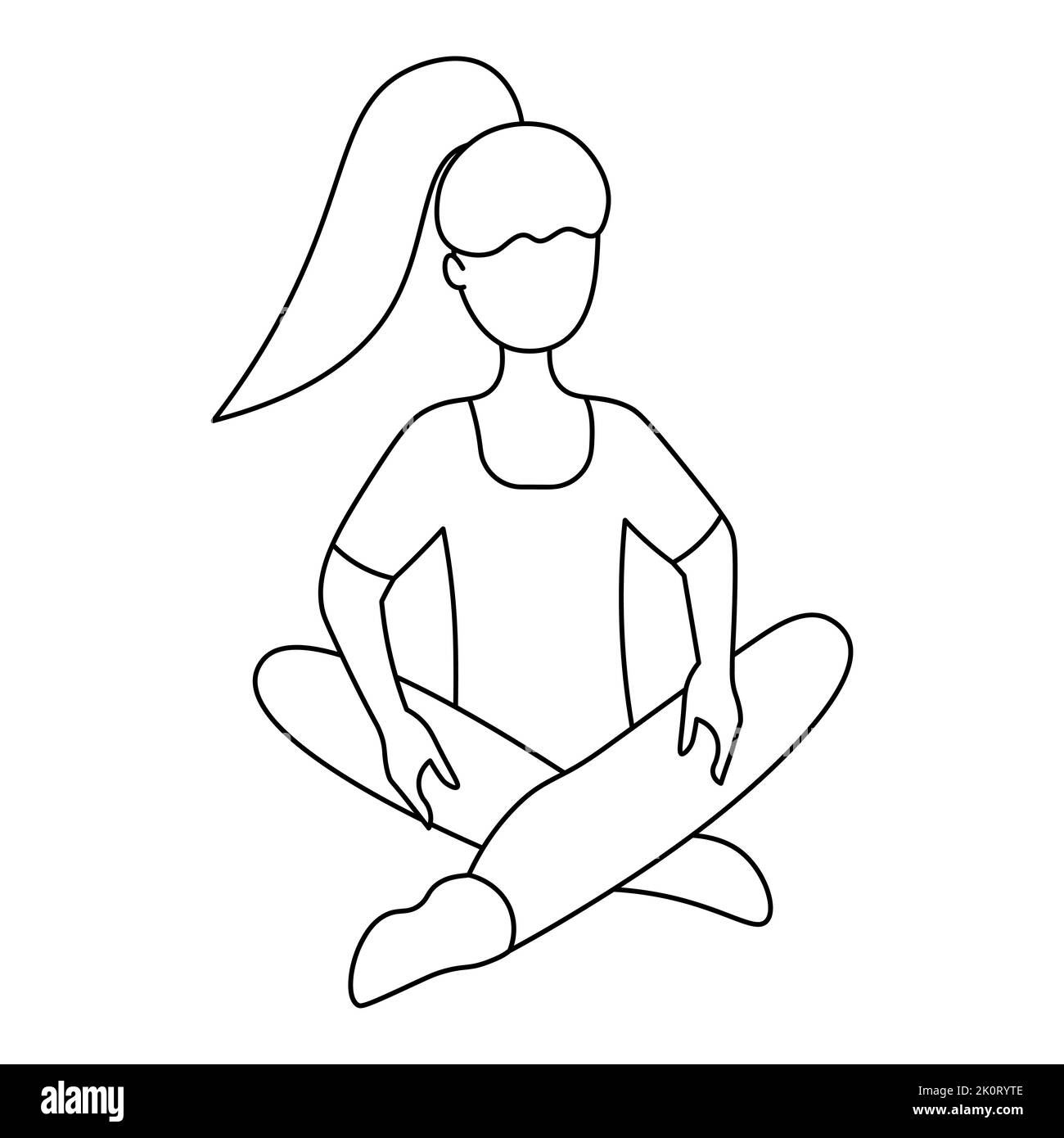 Das Mädchen macht Yoga. Skizze. Vektorgrafik. Der Athlet sitzt in einer Lotusposition, die Beine sind gekreuzt. Bild für Kinder. Doodle-Stil. Stock Vektor