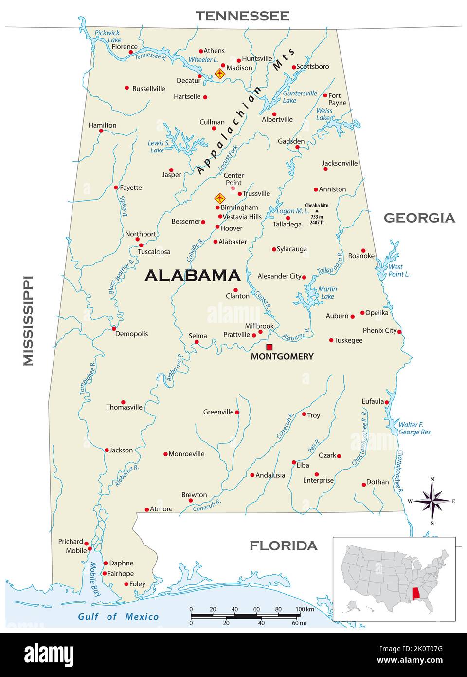 Sehr detaillierte physische Karte des US-Bundesstaates Alabama Stockfoto