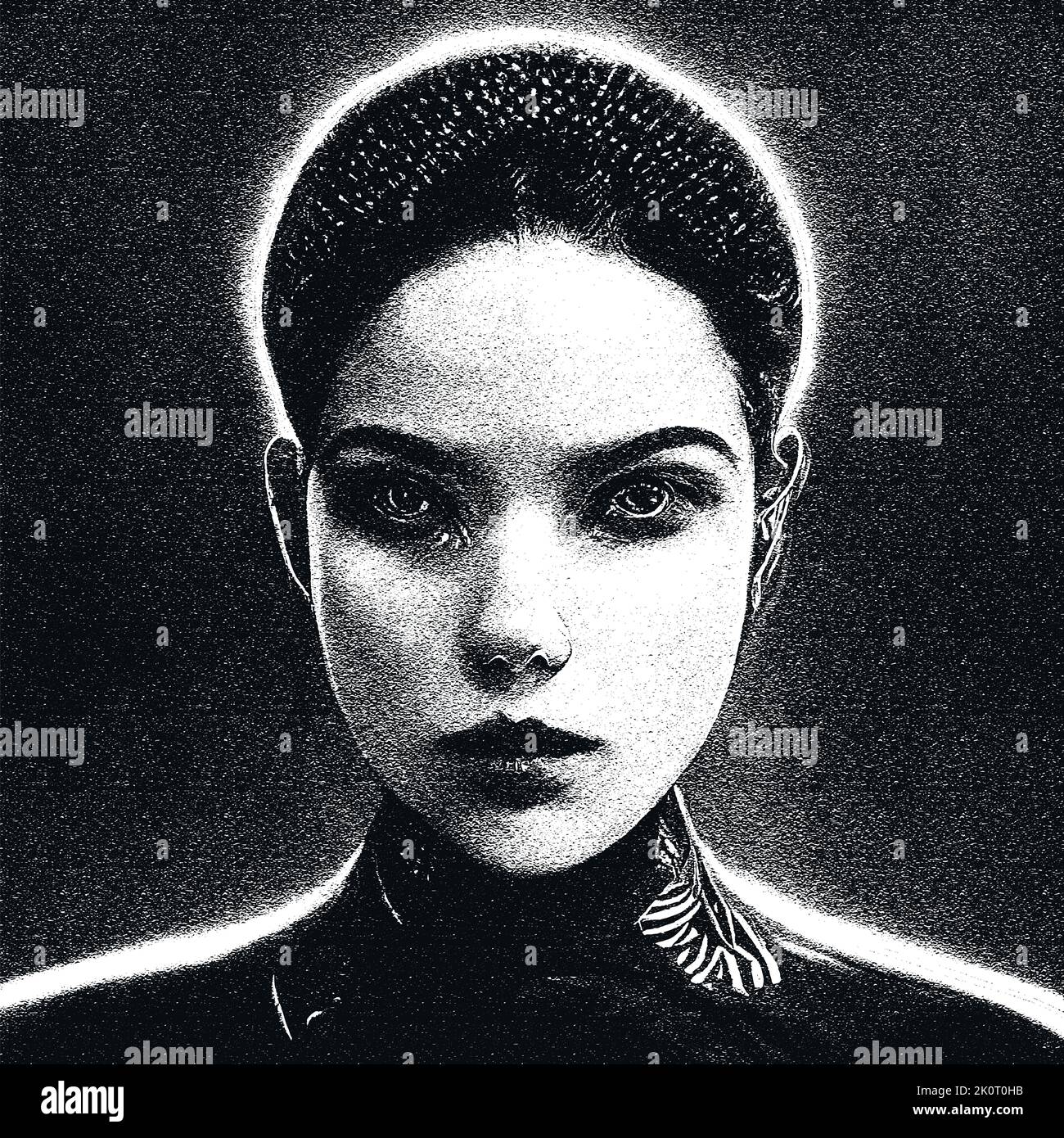 Das futuristische Porträt des Mädchens eines Außerirdischen. Rote und goldene Details. Künstliche Intelligenz. Vektorgrafik. Stock Vektor