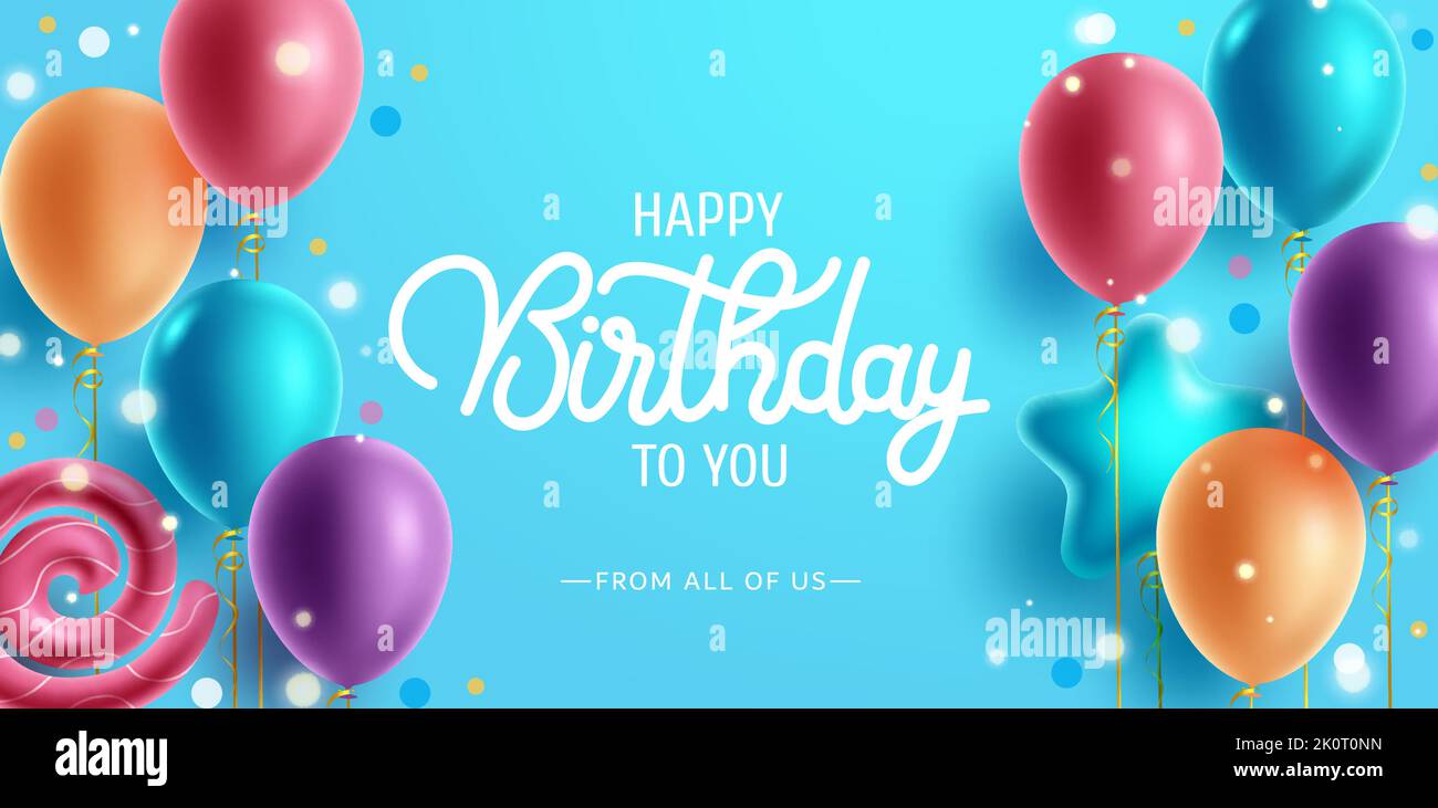 Geburtstag Gruß Vektor Hintergrund Design. Happy Birthday to you Text mit bunten Ballon Haufen in Stern-und Spiralform für Kinder spielerisch Geburt Tag. Stock Vektor
