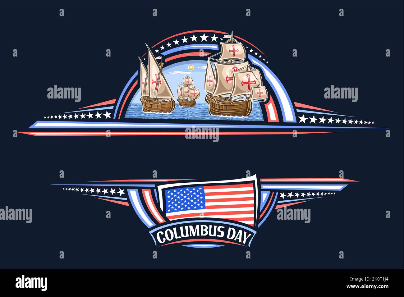 Vektor-Grenze für Columbus Day mit leerem Copyspace für Gratulationstext, dekorative Grußkarte mit Illustration von 3 Vintage-Schiffen, National U Stock Vektor