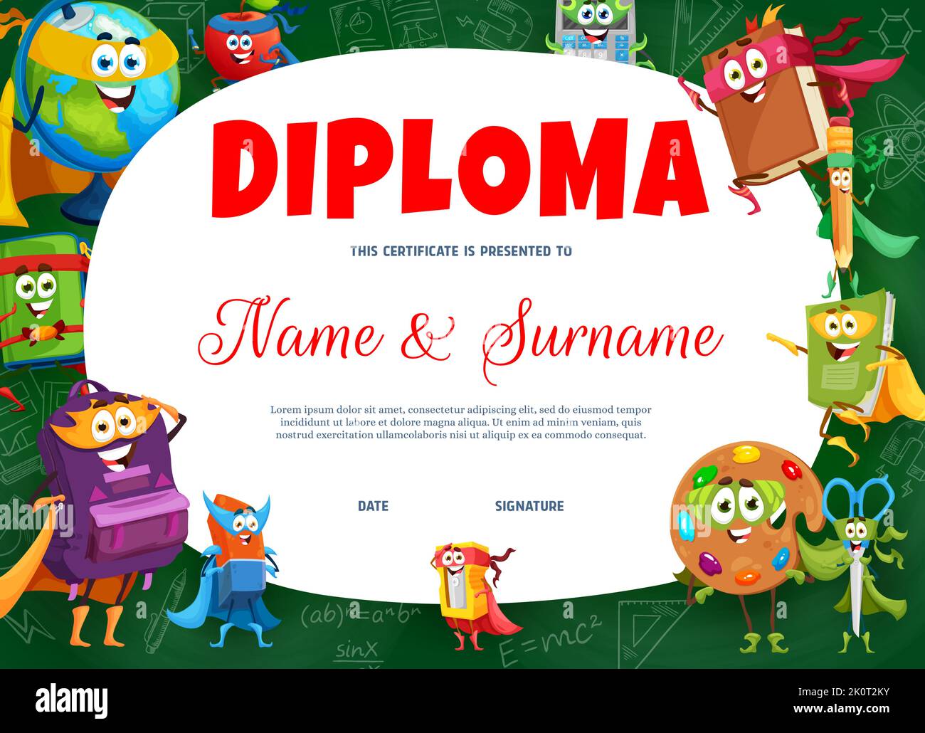 Kinderdiplom. Cartoon Schule Bildung Superhelden Charaktere. Kind Wertschätzung Vektor Auszeichnung oder Diplom mit Globus, Apfel, Rechner und Lehrbuch, Bleistift, Notizbuch und Schere lustige Persönlichkeiten Stock Vektor
