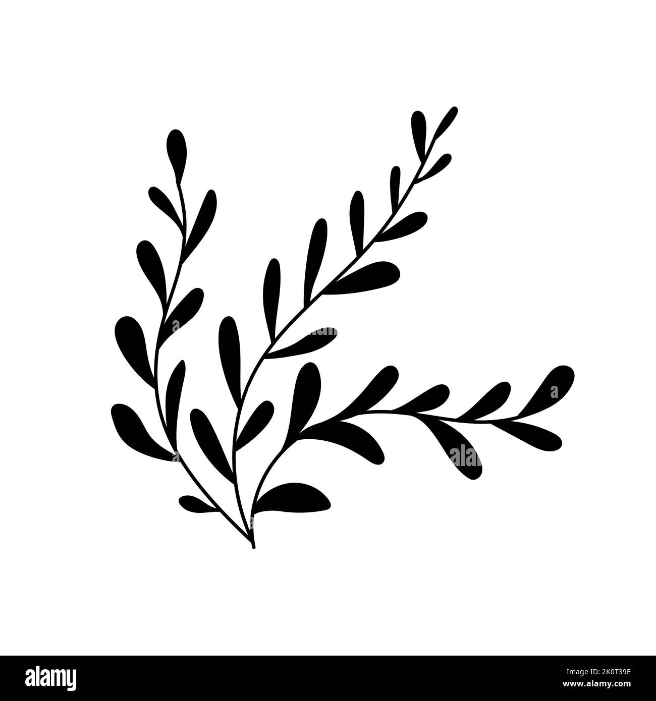 Illustration einer Blume, Silhouette eines Zweiges mit Blumen und Blättern. Vektorgrafik. Blumendruck Stock Vektor
