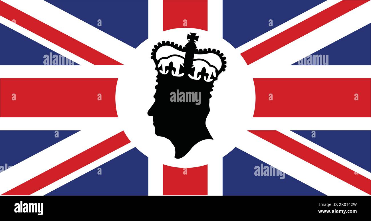 London, Großbritannien - September 2022: Seitenprofil-Silhouette von König Charles III vor einem Hintergrund von Union Jack Stock Vektor