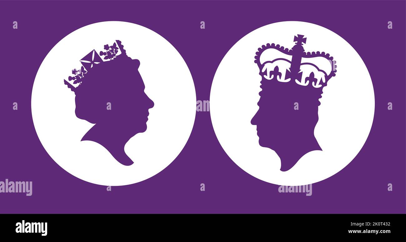 London, Großbritannien - September 2022: Seitenprofil von König Charles III. Und der verstorbenen Königin Elizabeth II Stock Vektor