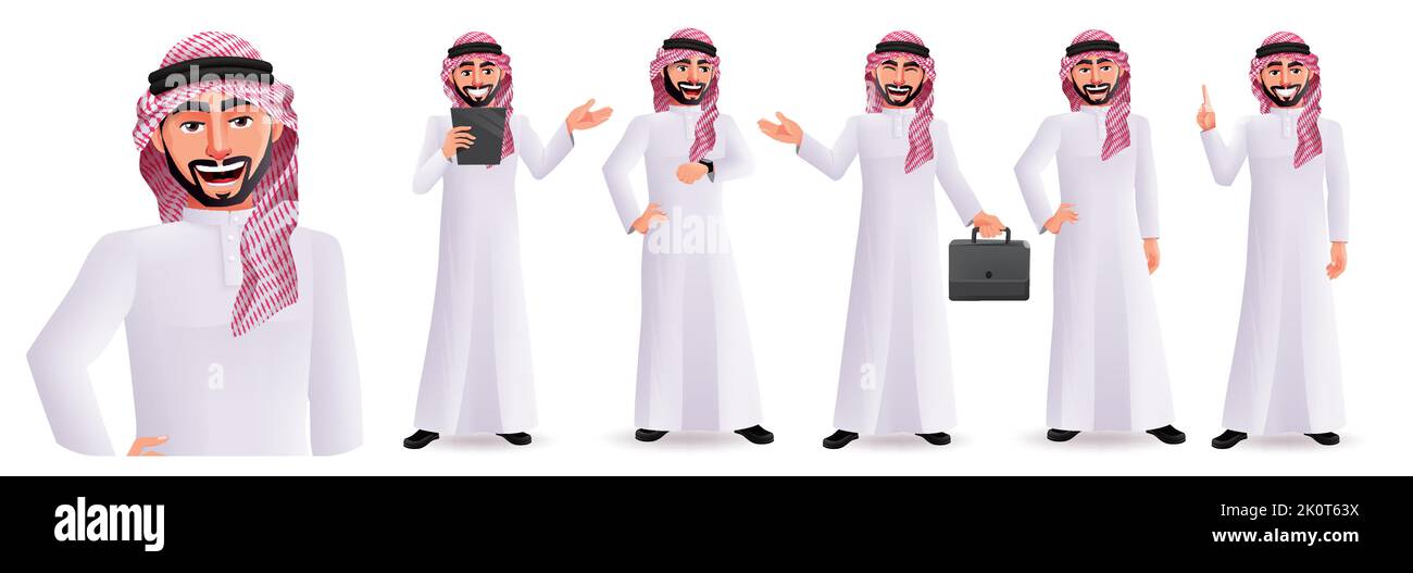 Saudi arab man Vektor Charakter Set Design. Arabische männliche Geschäftsfiguren in fröhlichem und lächelndem Gesichtsausdruck für Menschen aus dem Nahen Osten. Stock Vektor