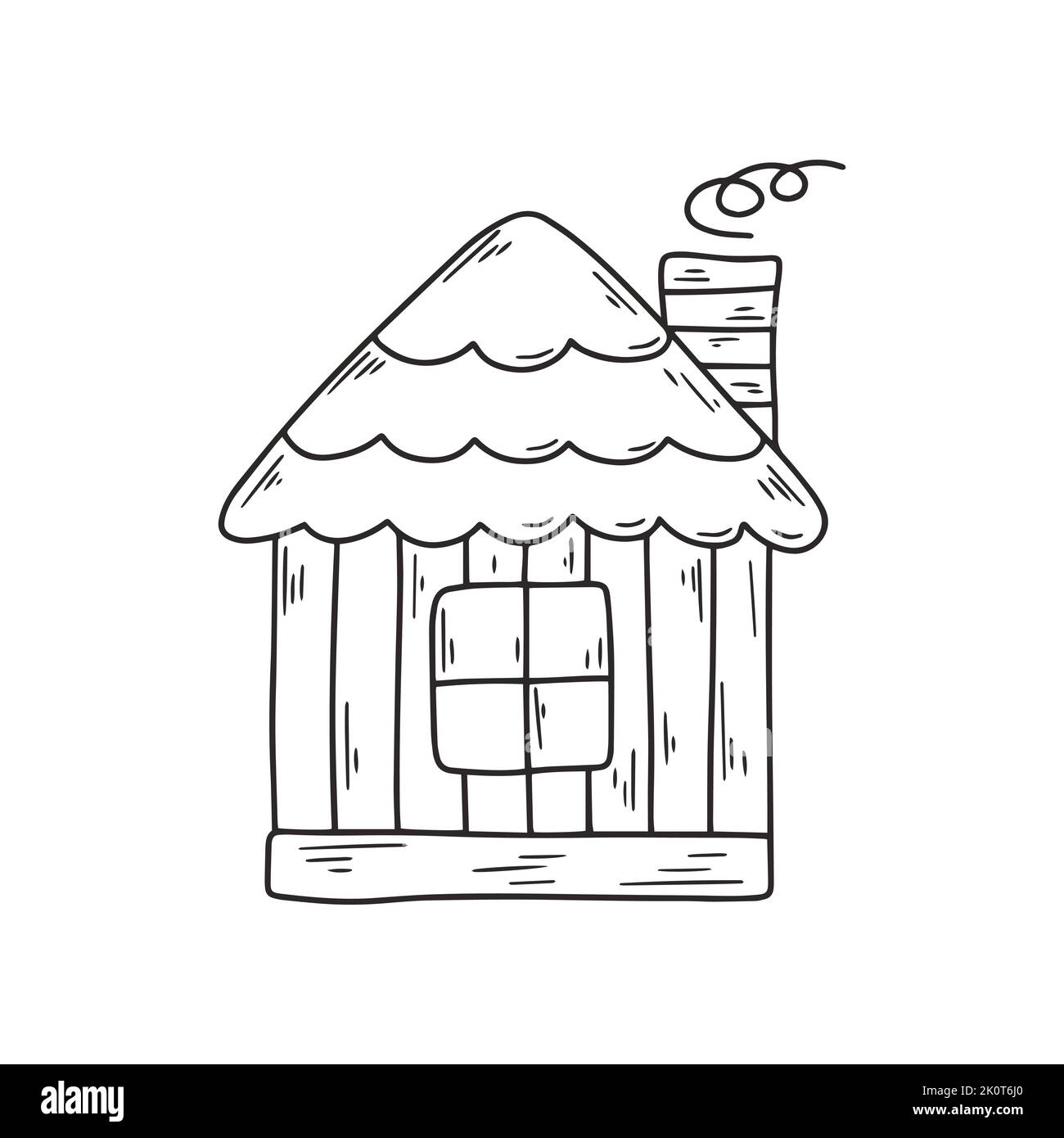 Holzmärchenhaus mit Schornstein schwarze Linienzeichnung. Einfache schwarze Skizze Bild von Hütte Vektor isoliert Illustration. Gehäuse Malbuch Stock Vektor