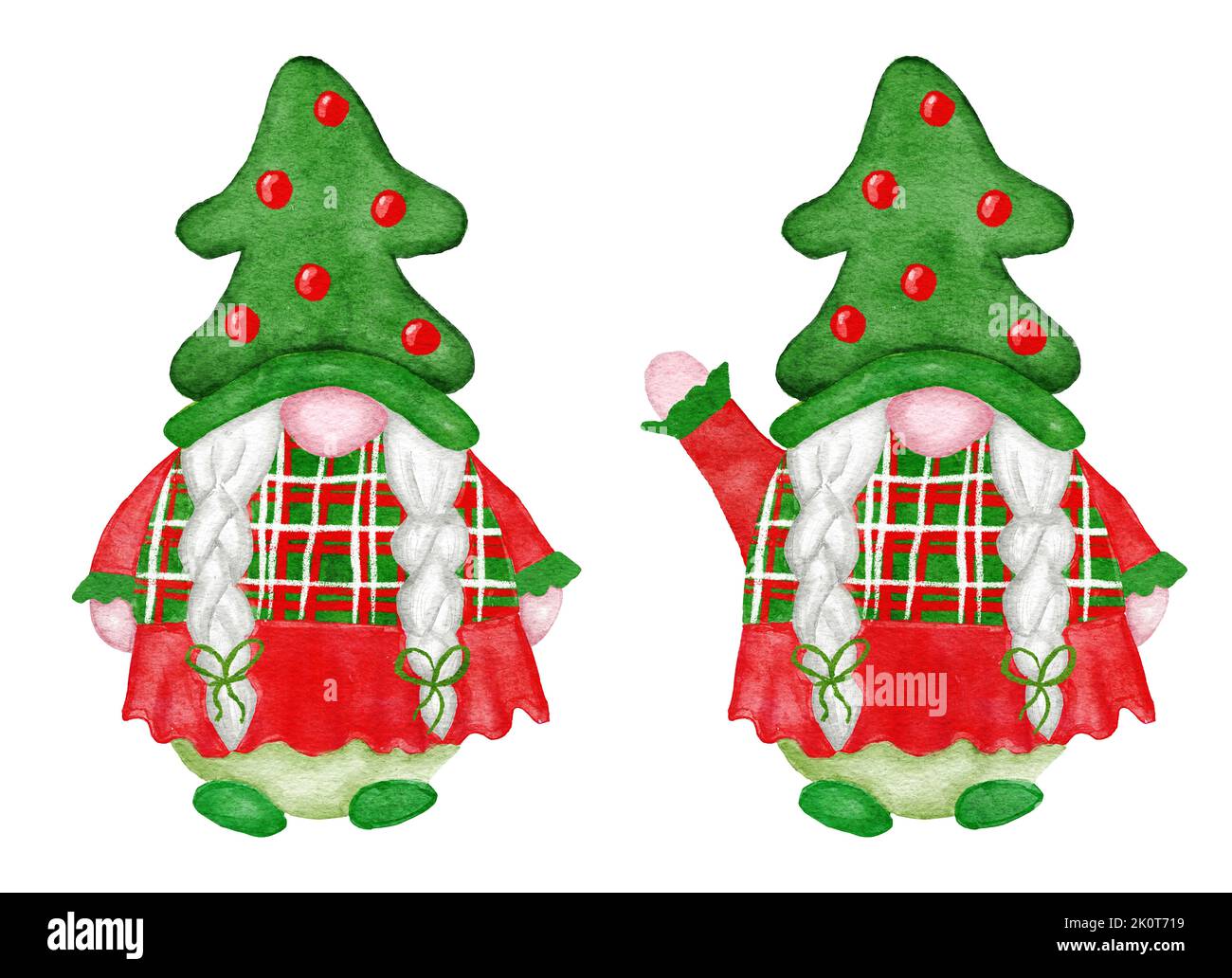 Aquarell handgezeichnete nordisch-skandinavische Gnome für weihnachtsdekor-Baum. Neujahr Illustration in grün rot Cartoon-Stil. Lustige Winterfigur nordschwedischen Elfen in Hut Bart. Grußkartenmaterial Stockfoto
