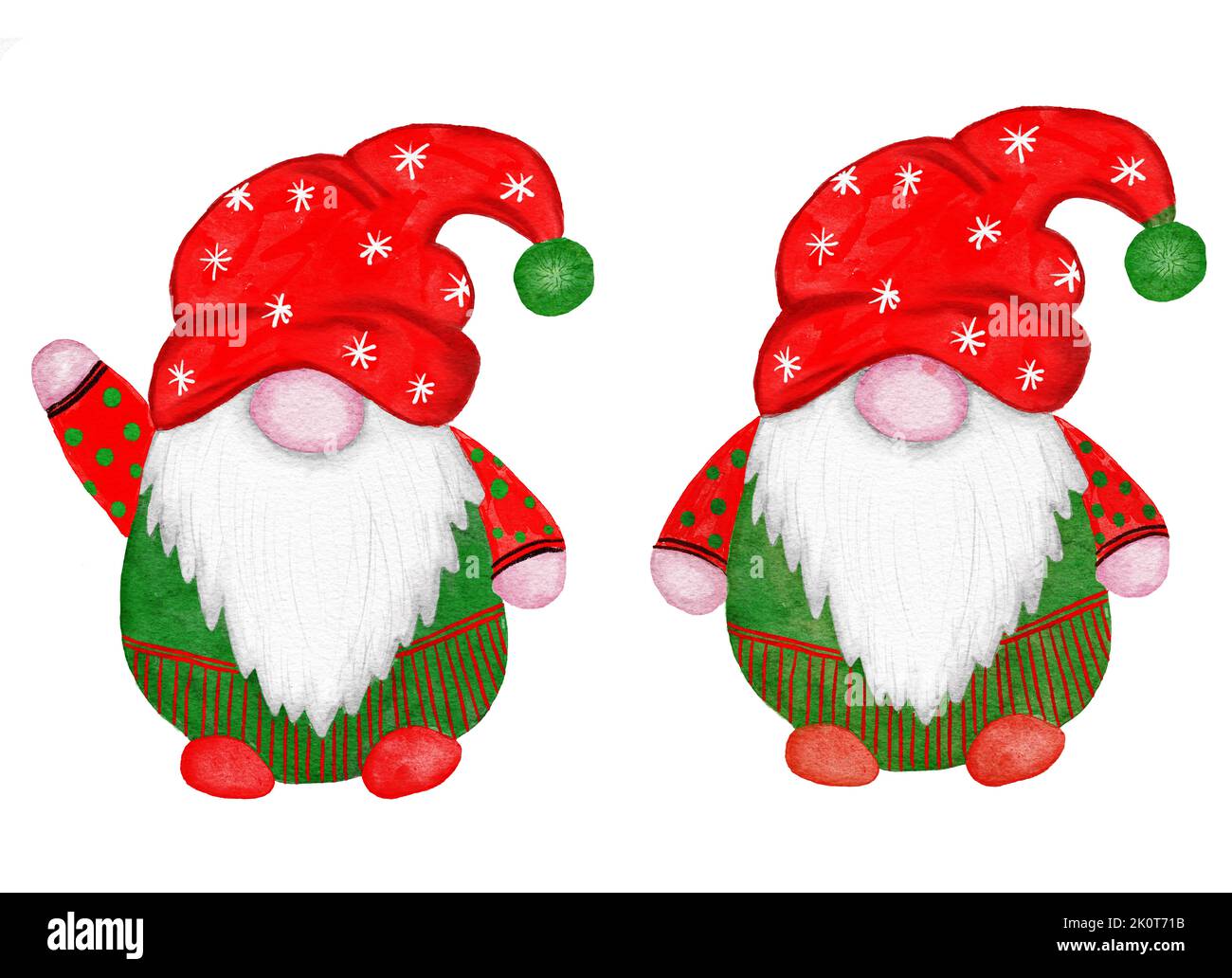 Aquarell handgezeichnete nordisch-skandinavische Gnome für weihnachtsdekor-Baum. Neujahr Illustration in grün rot Cartoon-Stil. Lustige Winterfigur nordschwedischen Elfen in Hut Bart. Grußkartenmaterial Stockfoto