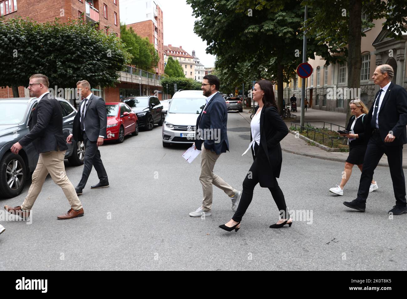 Die schwedischen Parlamentswahlen, Wahltag, am Sonntag in Stockholm, Schweden. Auf dem Bild: Jimmie Åkesson der Schwedischen Demokraten während des Wahltages, hier, bevor er in der Östermalm-Bibliothek, Stockholm, Schweden, verhandelte. Stockfoto