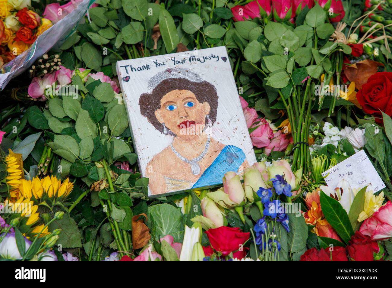 London, Großbritannien. 13. September 2022. Ein Garten mit Blumengedenken im Green Park zur Erinnerung an Königin Elizabeth die zweite, die am 8.. September im Alter von 96 Jahren starb. Morgen wird er den Sarg vom Buckingham Palace zum Palace of Westminster trave, wo er 4 Tage vor ihrer Beerdigung am 19.. September in einem Zustand liegen wird. Kredit: Karl Black/Alamy Live Nachrichten Stockfoto