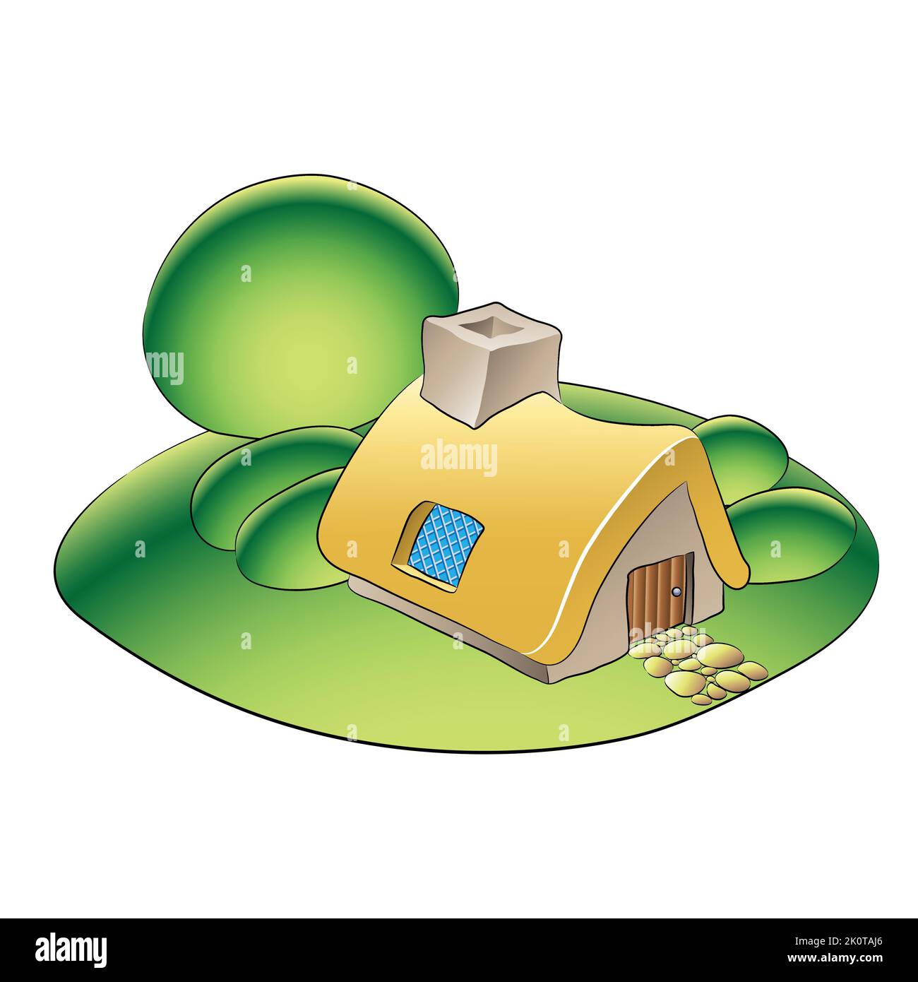 Illustration eines Märchenhauses und grünen Gartens mit Bäumen und Sträuchern isoliert auf weißem Hintergrund Stock Vektor