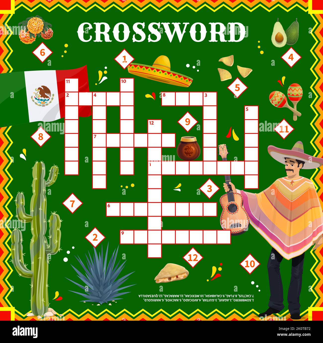Mexikanischer Musiker, Vektor Sombrero, Flagge und Essen Kreuzwortrtsel  Gitter Arbeitsblatt. Finden Sie ein Wort Quiz Spiel oder Puzzle,  pdagogische Rtsel mit Cartoon Mariachi, Maracas, Gitarre und Nachos,  Kaktus und Ringelblume Stock-Vektorgrafik -