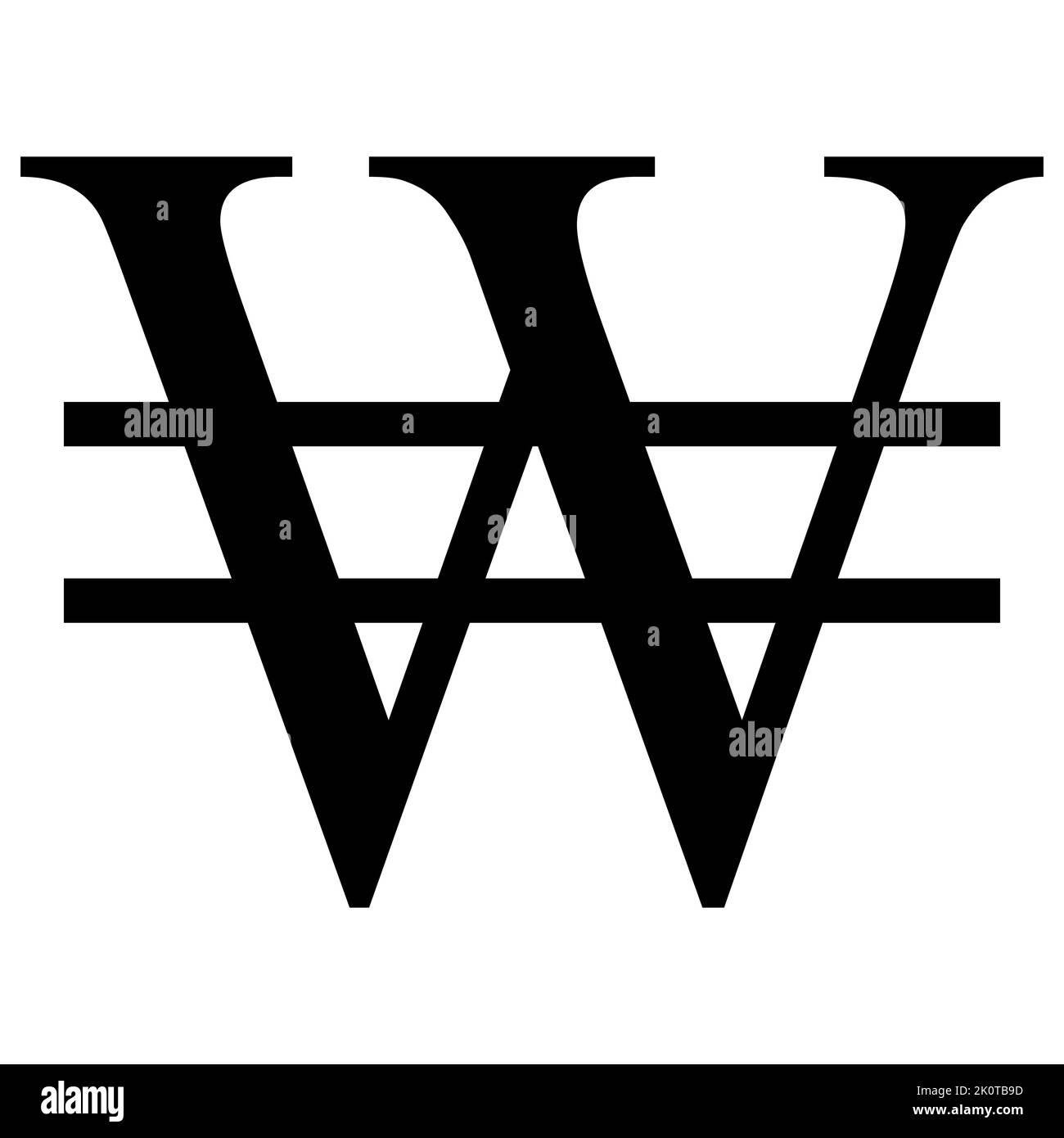 Südkoreaner gewann KRW Währungsszeichen schwarze Silhouette Vorderansicht isoliert auf weißem Hintergrund. Währung der Republik Korea. Vektordesign-Element. Stock Vektor