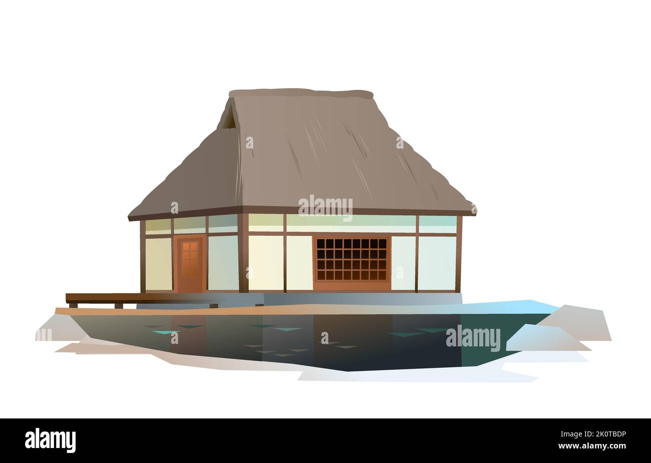 Traditionelles japanisches Haus. Am Ufer des Teiches. Ländliche Wohnung mit Strohdach. Illustration Vektor. Stock Vektor