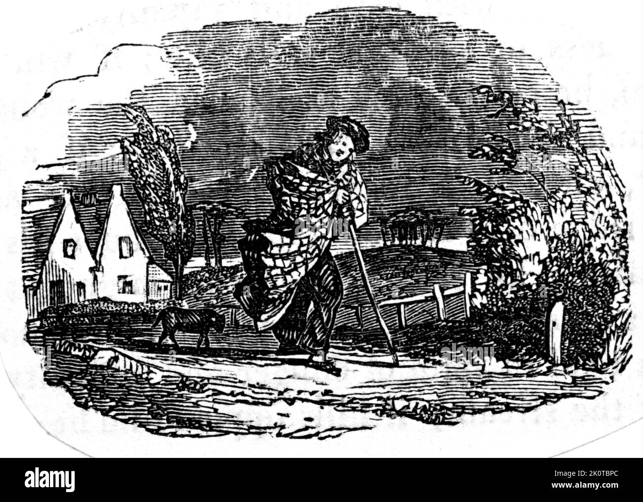 Abbildung eines Highlanders, der mit einem Spazierstock läuft. Datiert aus dem 19.. Jahrhundert Stockfoto