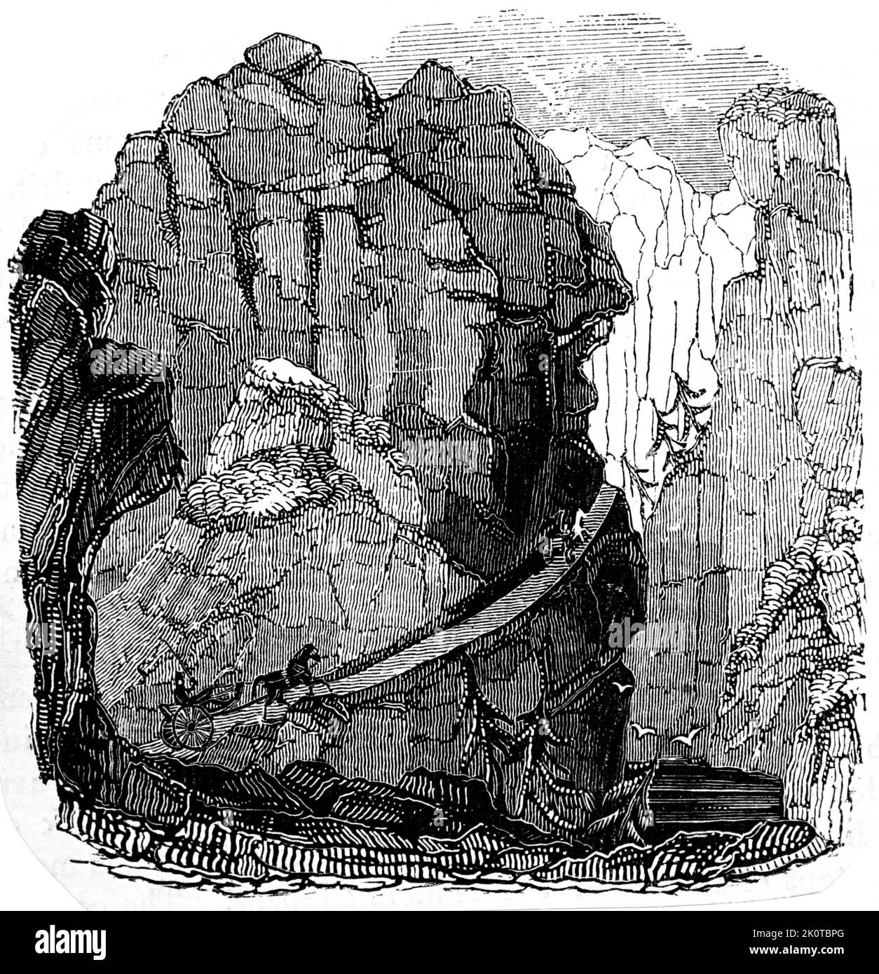 Gravur, die einen steilen norwegischen Berg darstellt. Datiert aus dem 19.. Jahrhundert Stockfoto