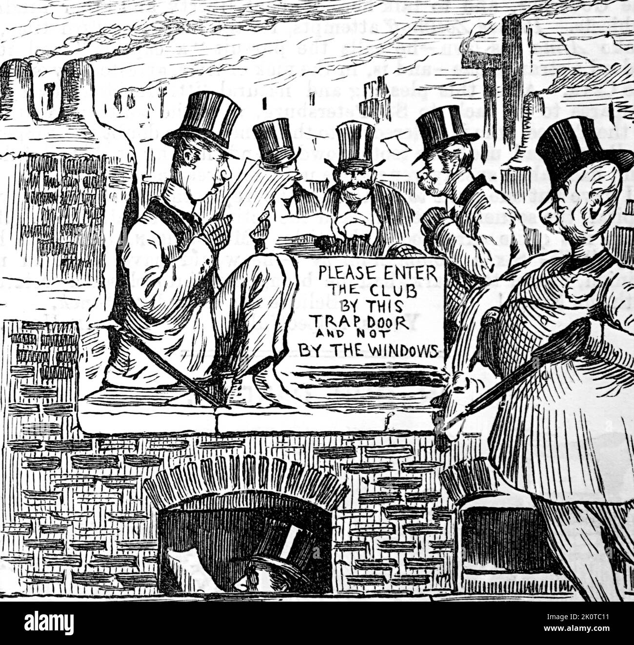 Karikatur mit englischen Männern der oberen Klasse, die sich auf einem Dach des zwielichtigen Londoner Gentlemen's Club heimlich versammelten. Datiert aus dem 19.. Jahrhundert Stockfoto