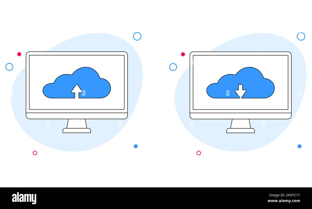 Symbol für das Hochladen und Herunterladen von Cloud-Dateien auf dem Computerbildschirm. Vektorgrafik in flacher Linienführung. Vektor Stock Vektor