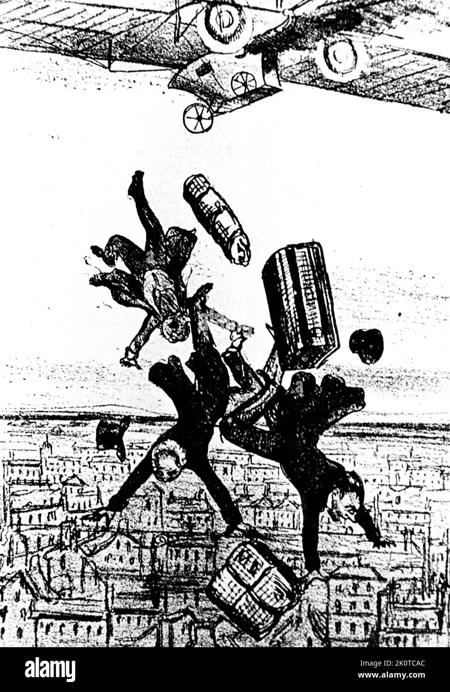 Karikatur, die Hensons Dampfflugzeug zeigt, das seine Passagiere mit Jettisierungsfunktion abfliegt -1843. William Samuel Henson (1812 – 1888) war ein Flugzeugingenieur und Erfinder der Pre-Wright-Brüder. Stockfoto