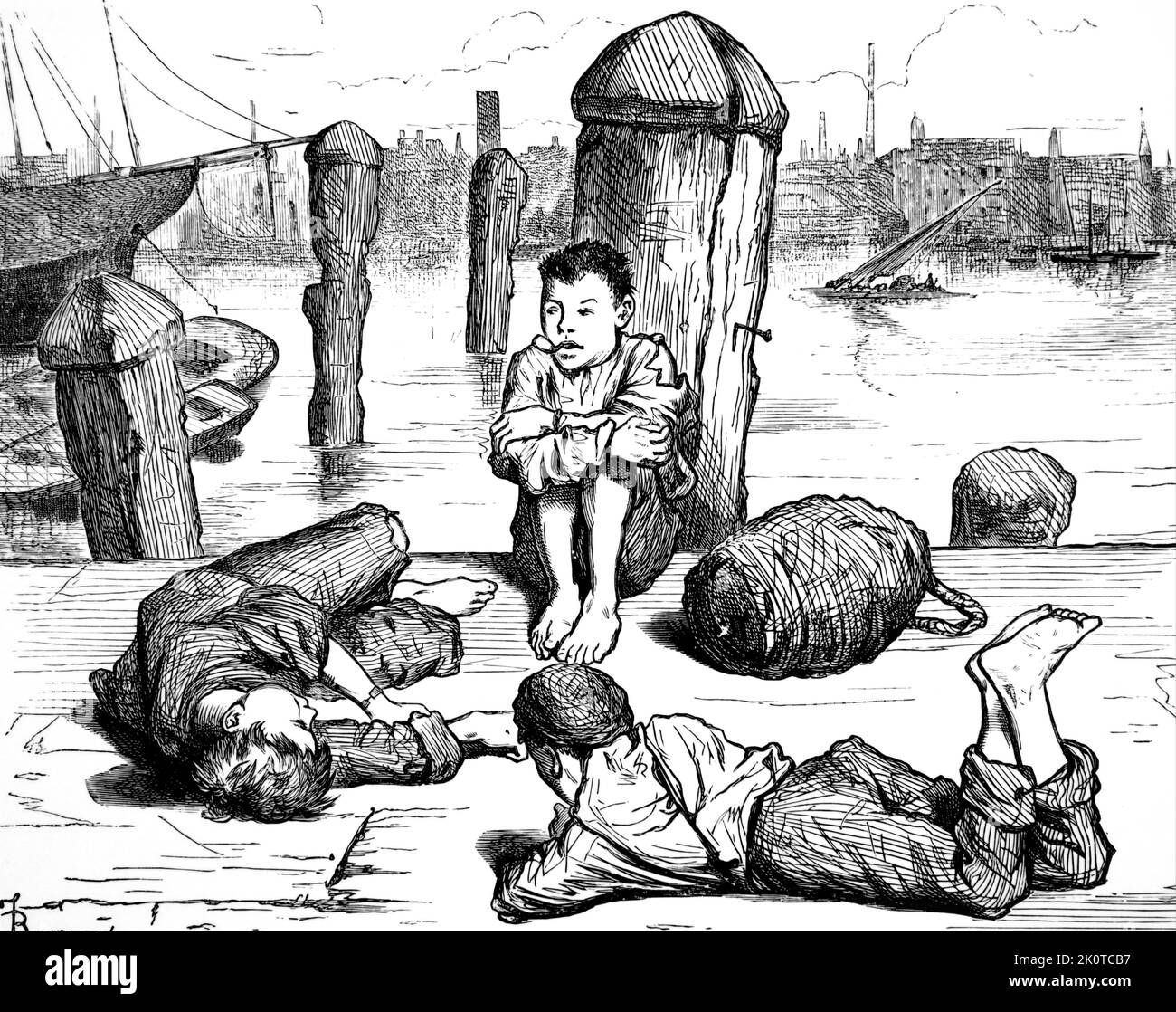 Mittellose Londoner Jungen, die die Zeit durch Faulenzen und Rauchen verbringen, bevor sie einen Platz an Bord des Marinetrainingsschiffs „Chichester“ bekommen. Ilustration von Frederick Barnard (1846-96) ' Stockfoto