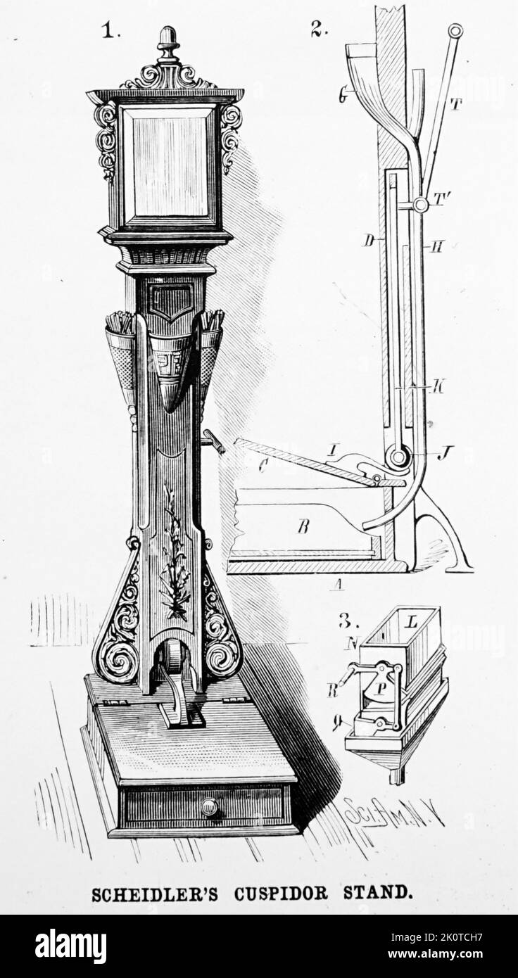 Cuspidor Stand, entworfen von Andrew A. Scheidler aus New York. Speichel, Zigarrenasche usw., wurden durch den Schlauch in die Sandschale unten geführt. New York, 1884 Stockfoto