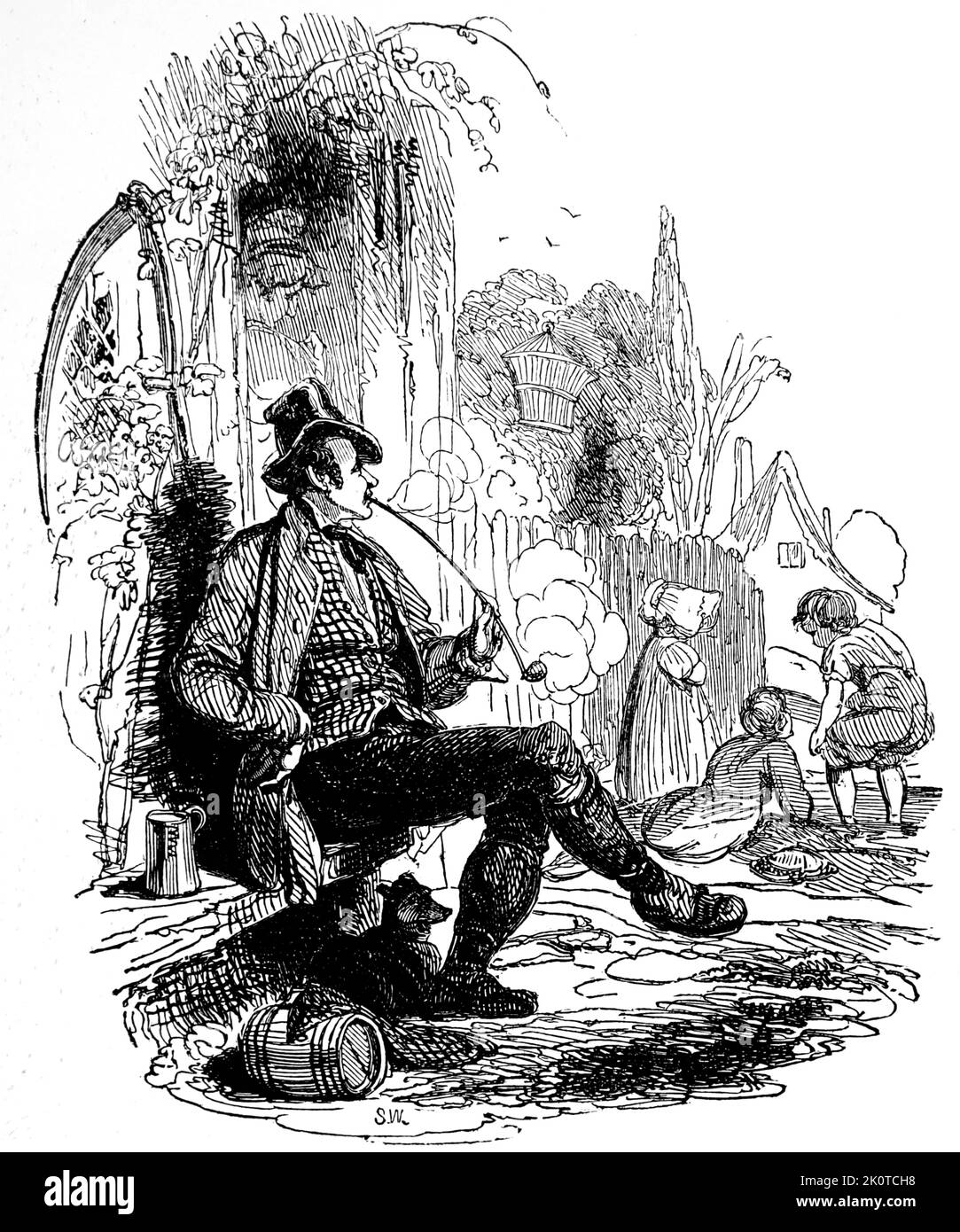 Mäher, der nach dem Heumachen seine Leichtigkeit mit einer Pfeife nimmt, Illustration des August für John Clare „The Shepherd's Calendar“. 1848 Stockfoto