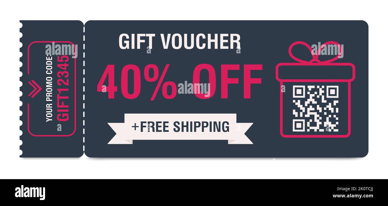 Rabattcoupon 40 % Rabatt. Geschenkgutschein mit Prozentmarken, qr-Code und Promo-Codes für Website, Internetwerbung, soziale Medien. Vektorgrafiken Stock Vektor