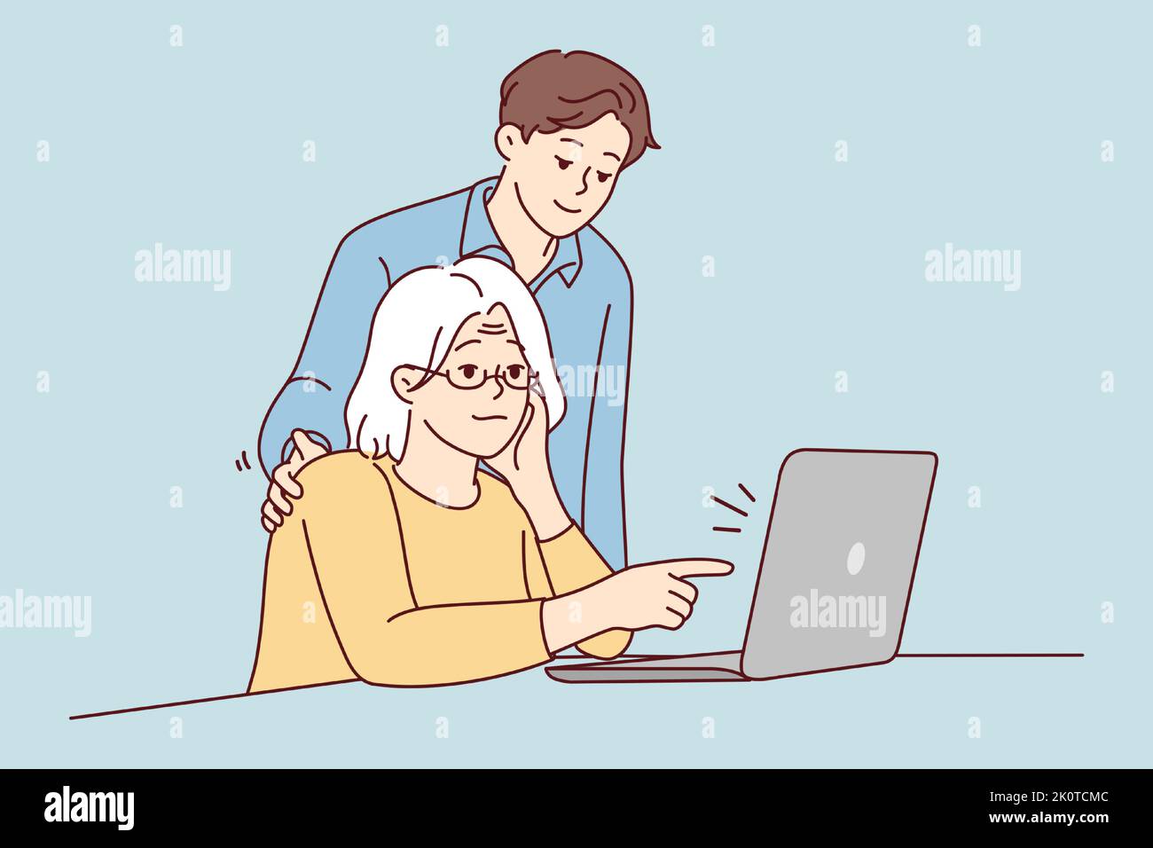 Junge Kerl helfen alte Großmutter mit Laptop-Arbeit. Die reife Oma sitzt am Schreibtisch und arbeitet am Computer mit dem Enkelassistenten. Vektorgrafik. Stock Vektor