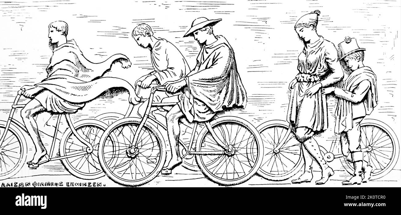 Satirische Illustration, die auf einer modernen Darstellung eines antiken griechischen Frieses basiert, der Radfahrern bei den Olympischen Spielen 1896 in Athen gezeigt wurde Stockfoto