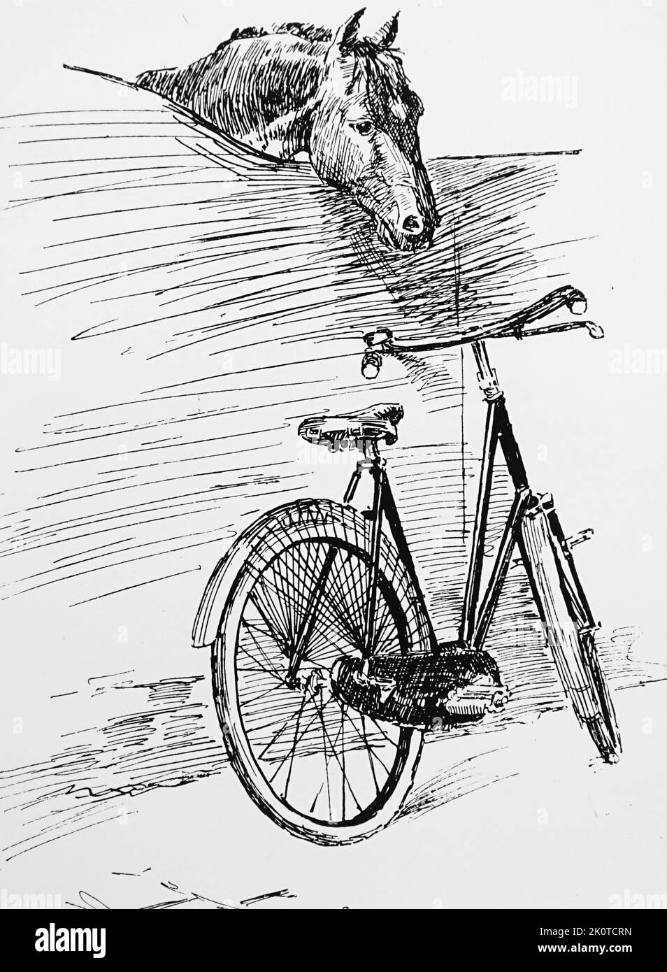 Punch Illustrationj, das ein Pferd zeigt, das mit einem Gefühl der Trauer auf seine Besitzer starrt, neues Fahrrad 1896 Stockfoto