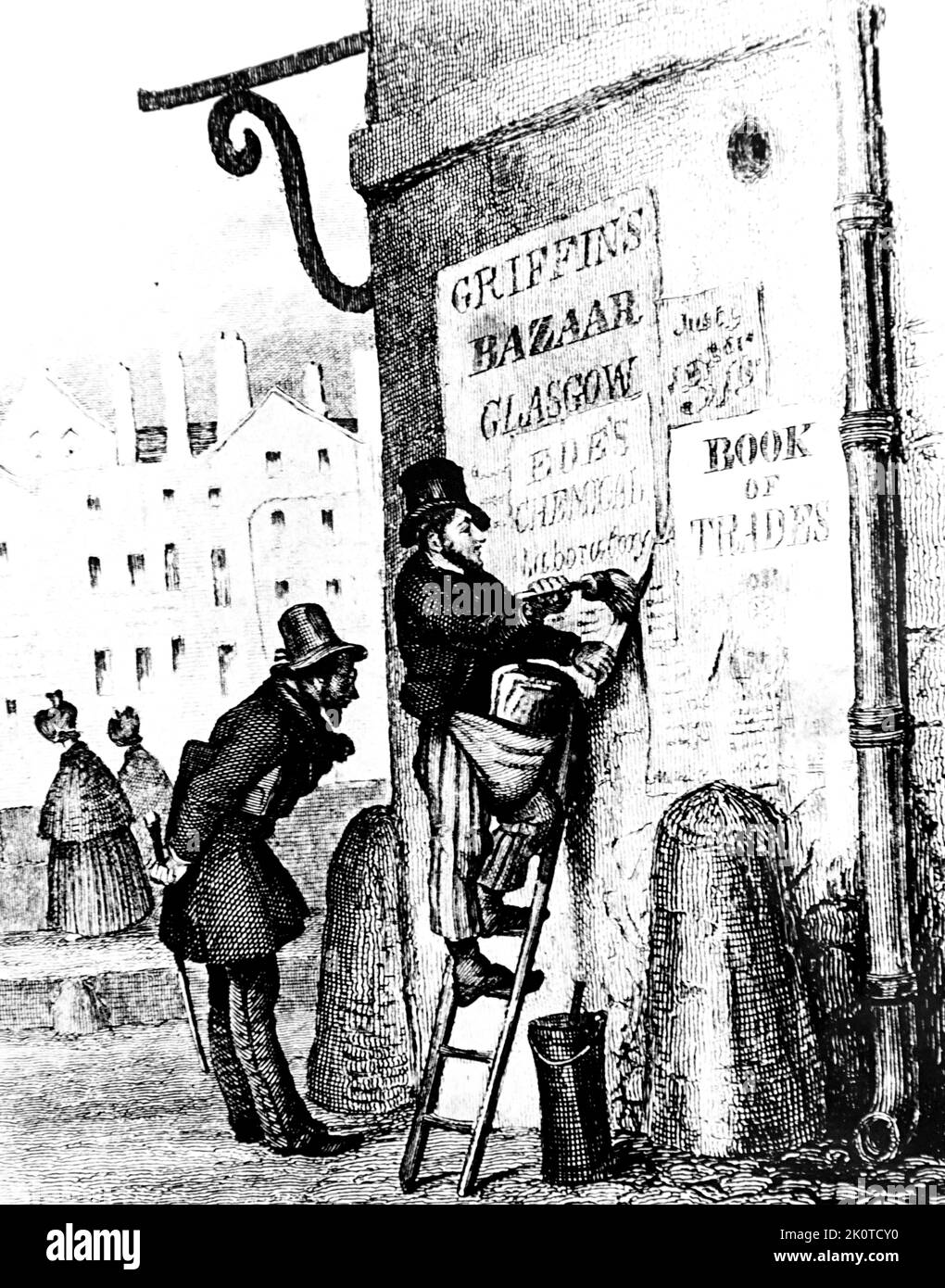 19. Century Illustration eines Glasgow, Bill Poster, das eine Plakatwerbung (Plakatwand) in Schottland einklebte Stockfoto