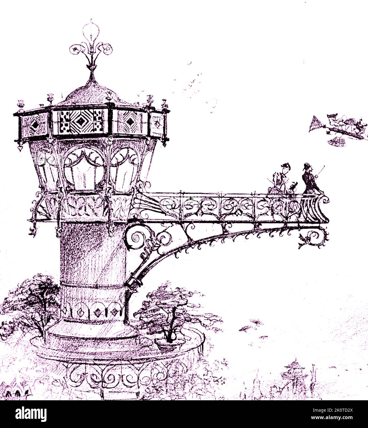 Futuristische Zeichnung, die eine Landeplattform des Hotels zeigt, auf der man an Bord eines Lufttaxis gehen kann. Von Robida, Le Vingtieme Siecle, Paris 1883; Stockfoto